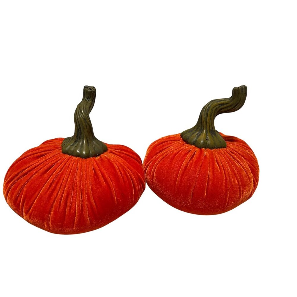 Orange Velvet Pumpkin Autumn Fall Plush Hard Stem Halloween Decor Vtg Set of 2 - Picture 2 of 6